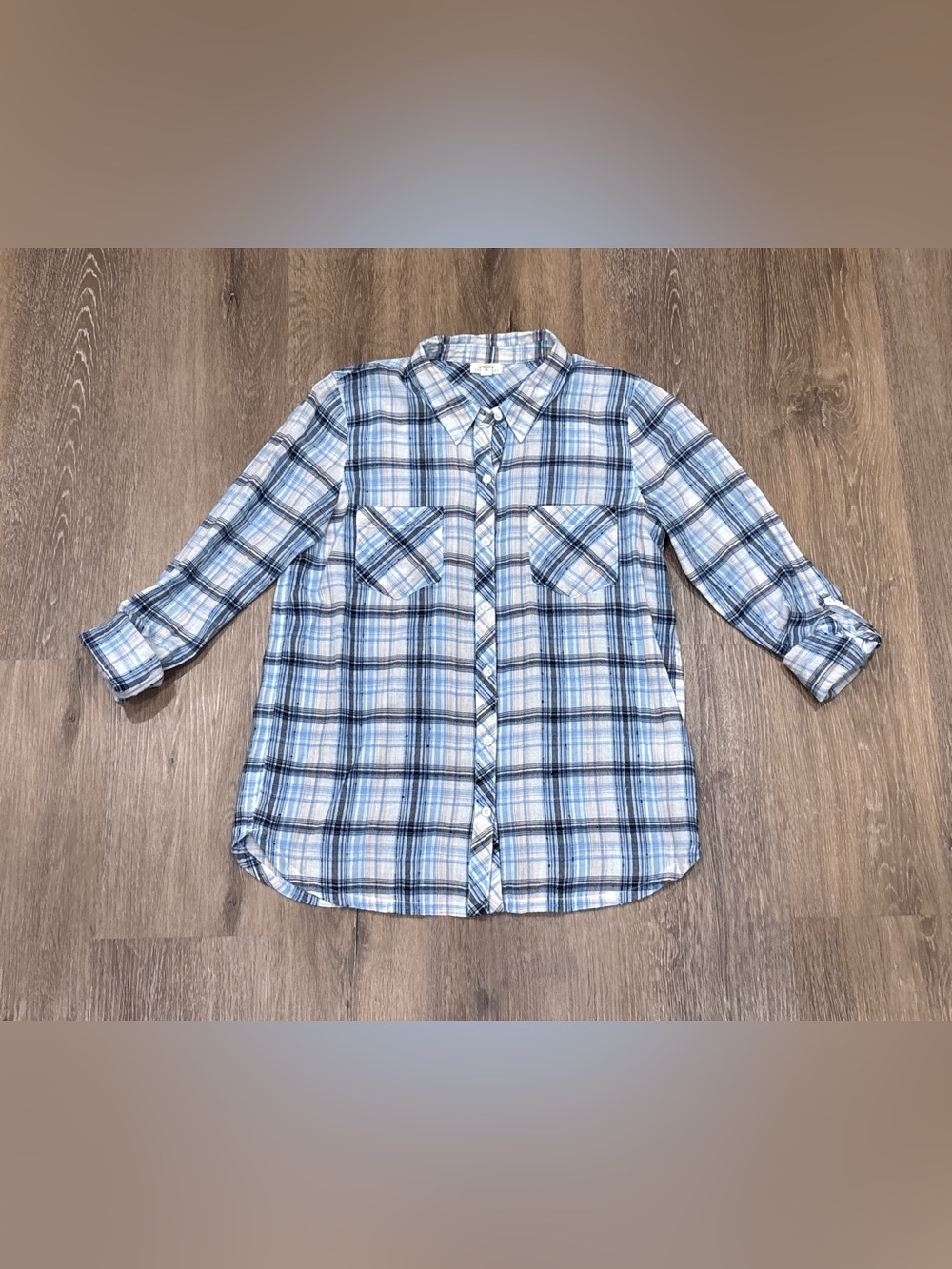 Soft Joie Blue Plaid Roll Tab Button Down Shirt Cotton Blend Top Small